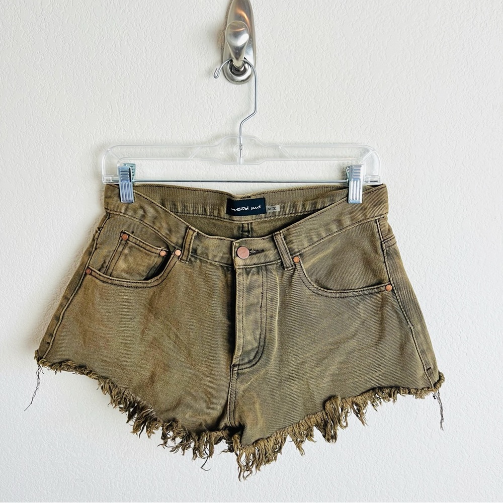 Mustard Seed Olive Army Green High Rise Denim 3 Button Cut Off Distressed Shorts